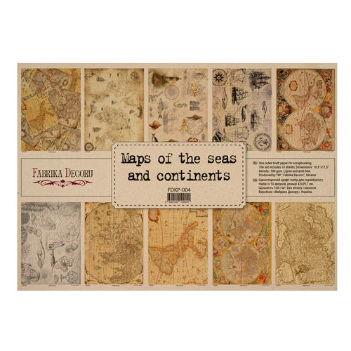 Einseitiges Kraftpapier Satz für Scrapbooking Maps of the seas and continents 42x29,7 cm, 10 Blatt  - Fabrika Decoru
