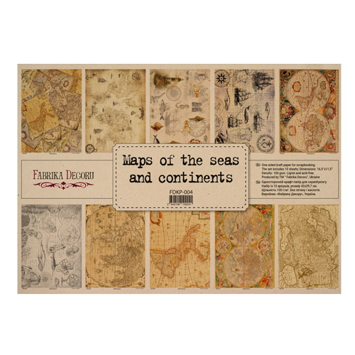 Zestaw jednostronnego kraftowego papieru do scrapbookingu Maps of the seas and continents 42x29,7 cm, 10 arkuszy  - Fabrika Decoru