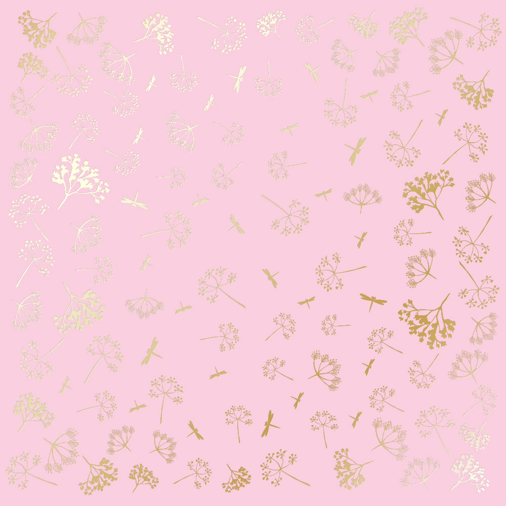 Sheet of single-sided paper with gold foil embossing, pattern Golden Dill Pink, 12"x12"