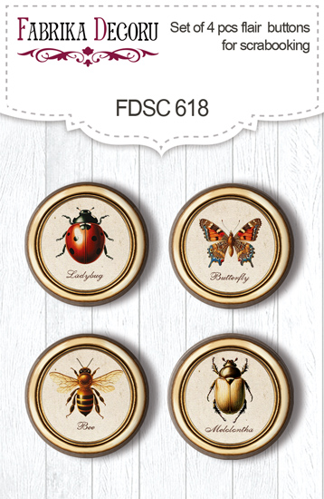 Set mit 4 Flair-Buttons zum Scrapbooking, Spring Botanical Story, #618 - Fabrika Decoru