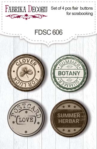 Set mit 4 Flair-Buttons zum Scrapbooking Summer botanical story EN #606 - Fabrika Decoru