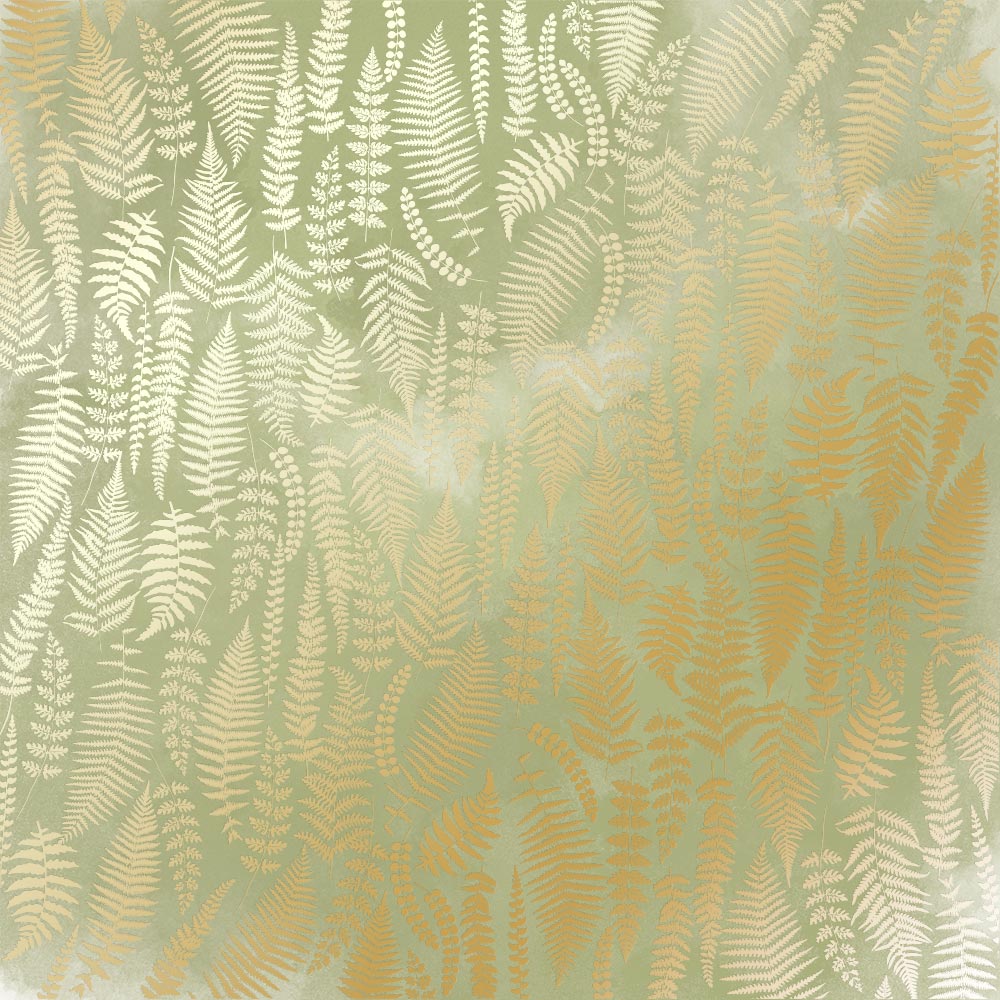 Einseitig bedruckter Bogen mit Goldfolienprägung, Muster Goldfarn, Farbe Olivaquarell - Fabrika Decoru