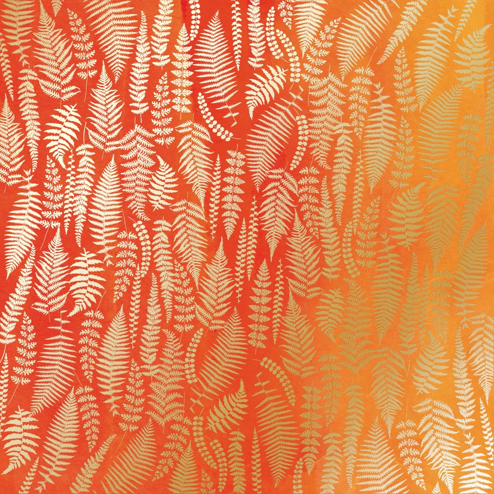 Arkusz papieru jednostronnego wytłaczanego złotą folią, wzór Złota Paproć, kolor żółto-pomarańczowy akwarel 30,5x30,5cm  - Fabrika Decoru