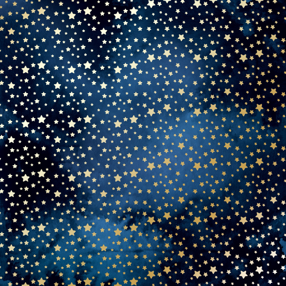 Sheet of single-sided paper with gold foil embossing, pattern Golden stars Night garden, 12"x12"