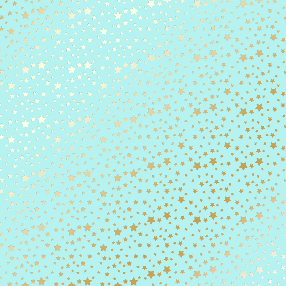 Sheet of single-sided paper with gold foil embossing, pattern Golden stars Turquoise, 12"x12"