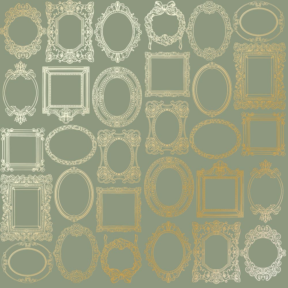 Einseitig bedruckter Papierbogen mit Goldfolienprägung, Muster "Goldrahmen Olive" - Fabrika Decoru