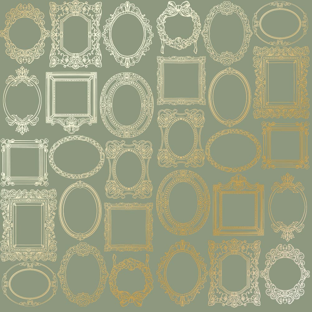 Sheet of single-sided paper with gold foil embossing, pattern "Golden Frames Olive"