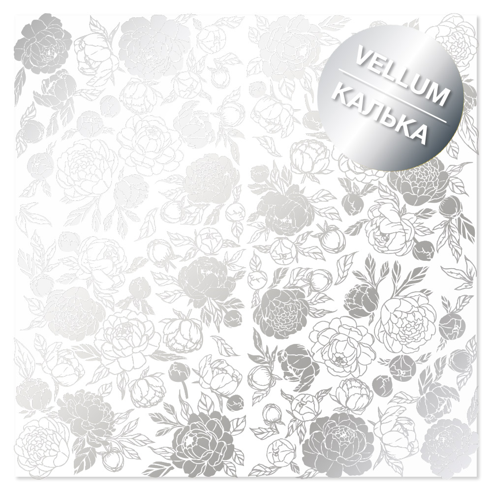 Silver foiled vellum sheet, pattern Silver Peony Passion 29.7cm x 30.5cm