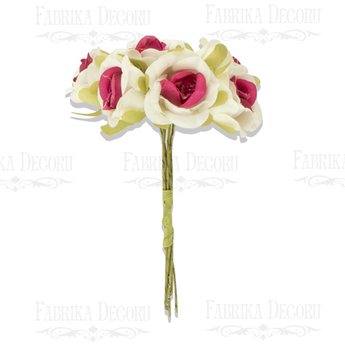 Zestaw małych kwiatów "Bukiet róż", Biały i malinowy, 6 sztuk - Fabrika Decoru