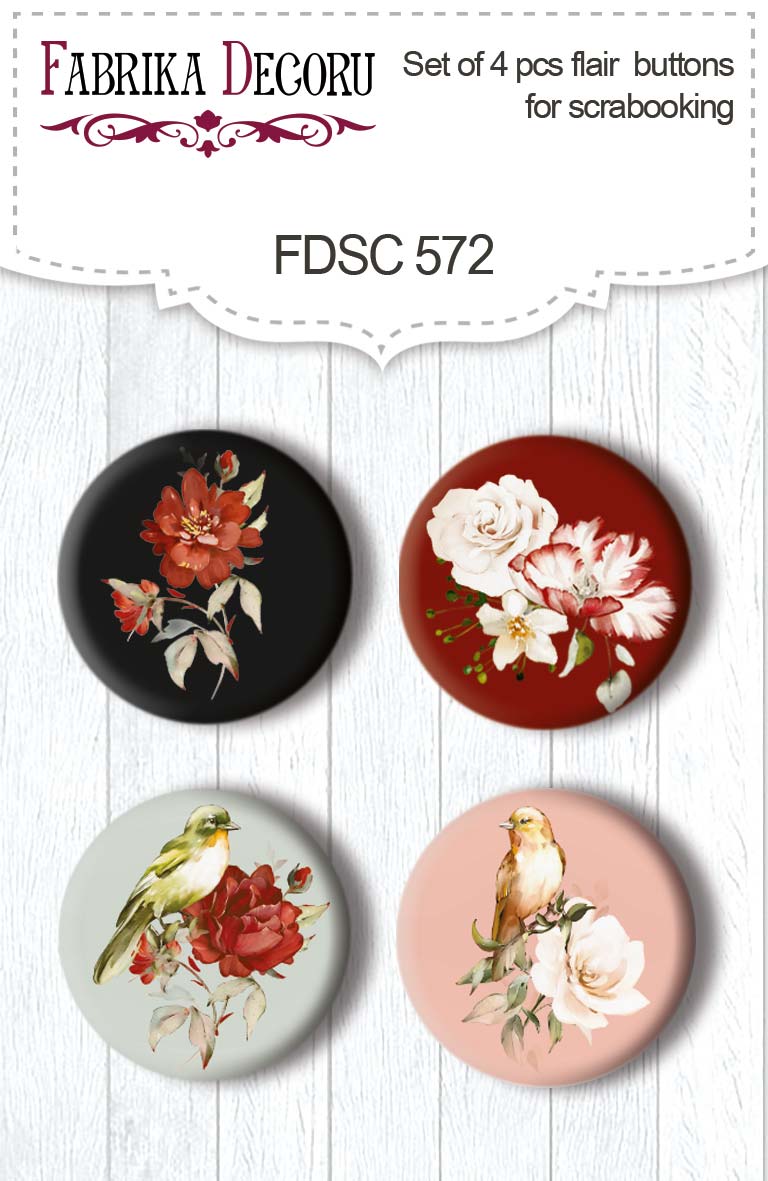 Zestaw 4 ozdobnych buttonów Miracle flowers #572 - Fabrika Decoru