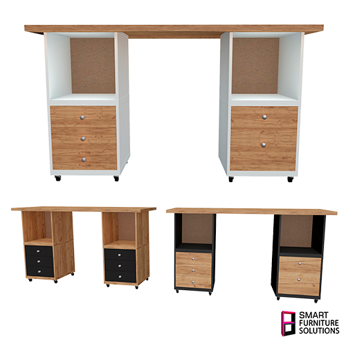 Uniwersalny, przekształcalny stół warsztatowy1600x600x900 mm, zestaw: blat, 2 szuflady, 2 sekcje, 2 ruchome platformy - Fabrika Decoru