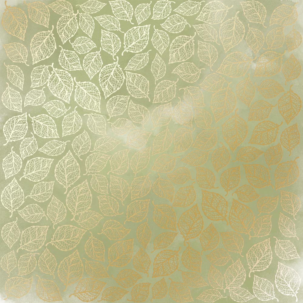 Sheet of single-sided paper with gold foil embossing, pattern Golden Leaves mini, color Olive watercolor