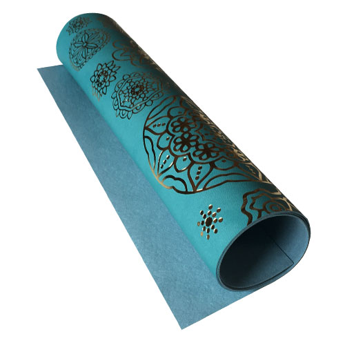 Piece of PU leather with gold stamping, pattern Golden Napkins Turquoise, 50cm x 25cm