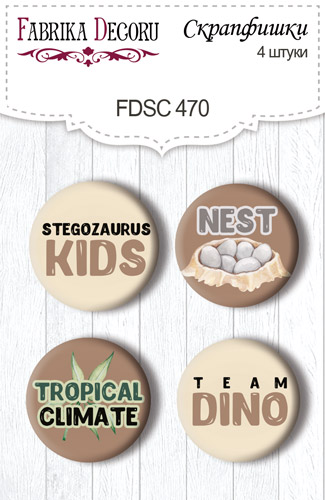 Set mit 4 Flair-Buttons zum Scrapbooking von Dinosauria EN #470 - Fabrika Decoru