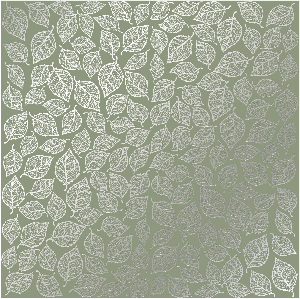 Sheet of single-sided paper embossed with silver foil, pattern Silver Leaves mini, color Olive 12"x12" 