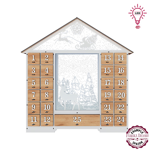 Advent calendar for 25 days with LED illumination, White - Kraft Oak, assembled