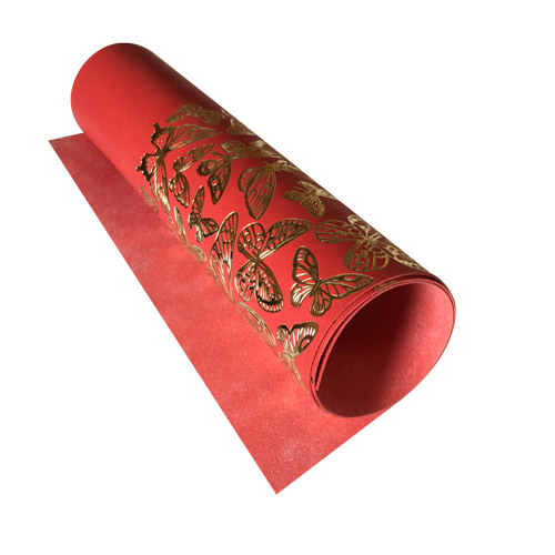 Stück PU-Leder mit Goldprägung, Muster Goldene Schmetterlinge Rot, 50cm x 25cm - Fabrika Decoru
