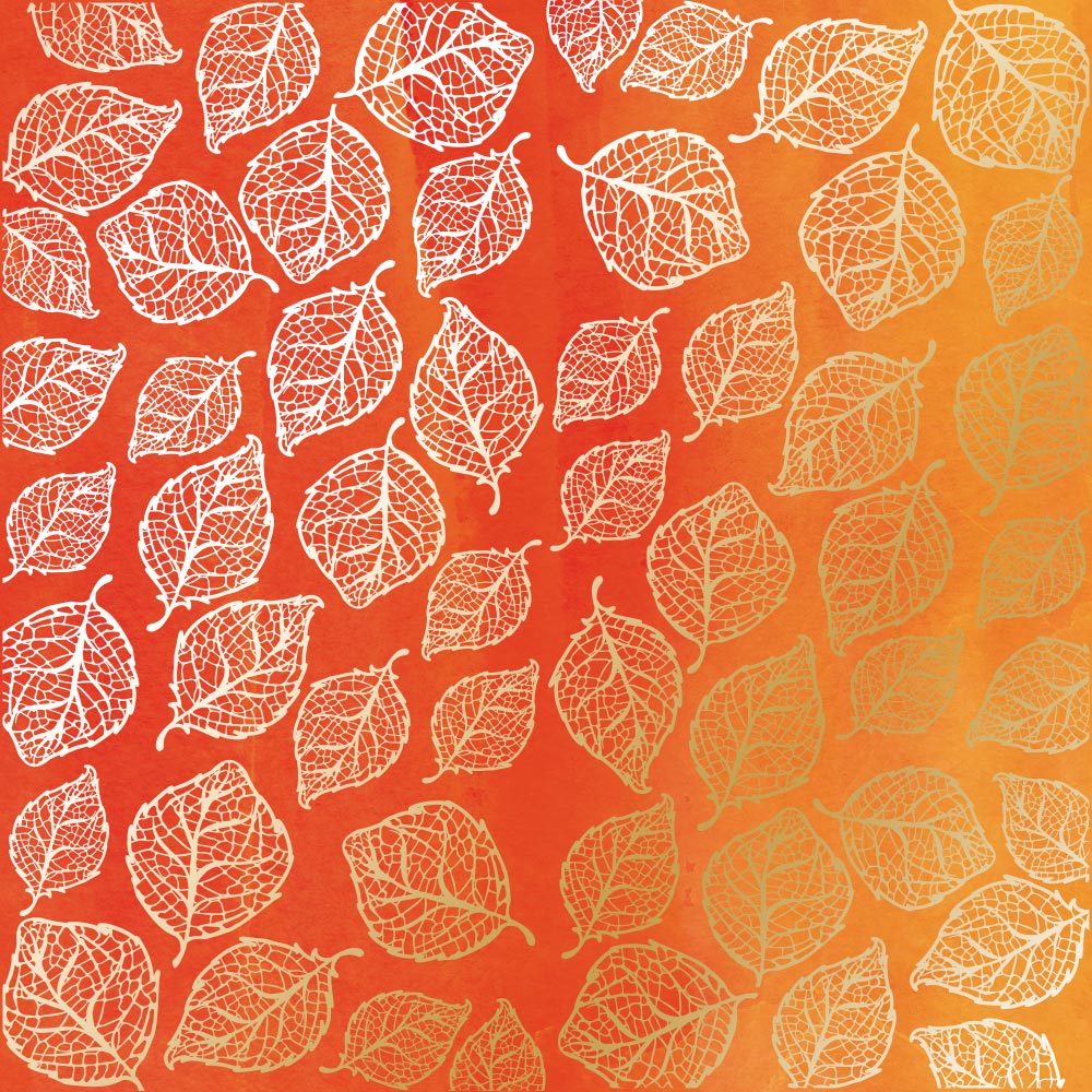 лист односторонней бумаги с фольгированием, дизайн golden delicate leaves, color yellow-orange aquarelle, 30,5см х 30,5см