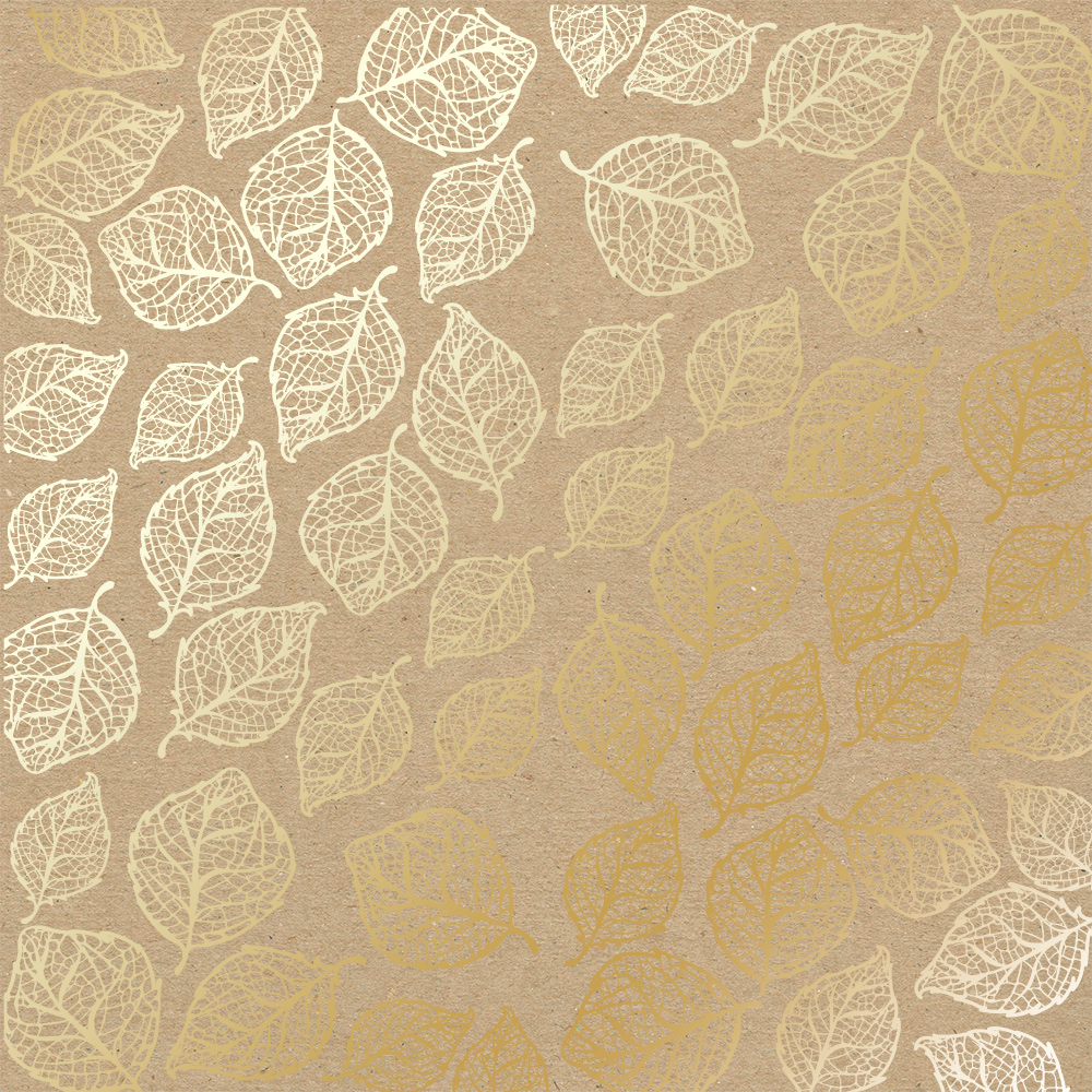 Sheet of single-sided paper with gold foil embossing, pattern Golden Delicate Leaves Kraft, 12"x12"