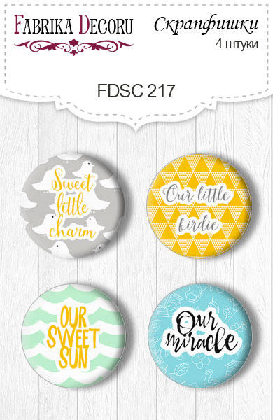 4er-Set Flair-Buttons zum Scrapbooking „Mein kleiner Spatzenjunge“ EN #217 - Fabrika Decoru