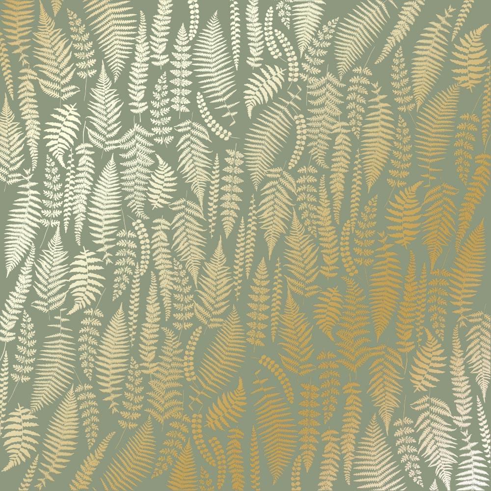Arkusz papieru jednostronnego wytłaczanego złotą folią, wzór Złota Paproć, kolor Oliwka 30,5x30,5cm  - Fabrika Decoru