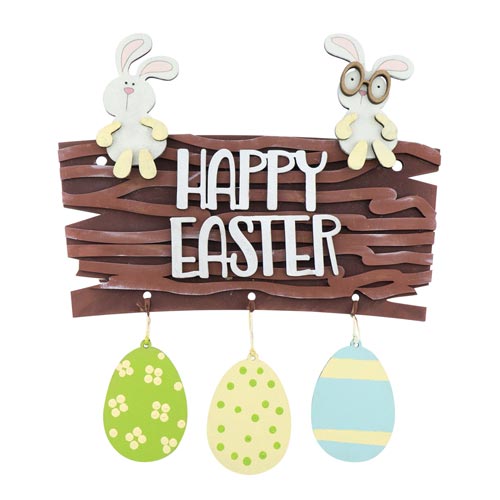 Drewniany zestaw do kolorowania, płytka do zawieszenia "Happy Easter" z zabawnymi króliczkami i dekoracjami wielkanocnymi, #017 - foto 0  - Fabrika Decoru