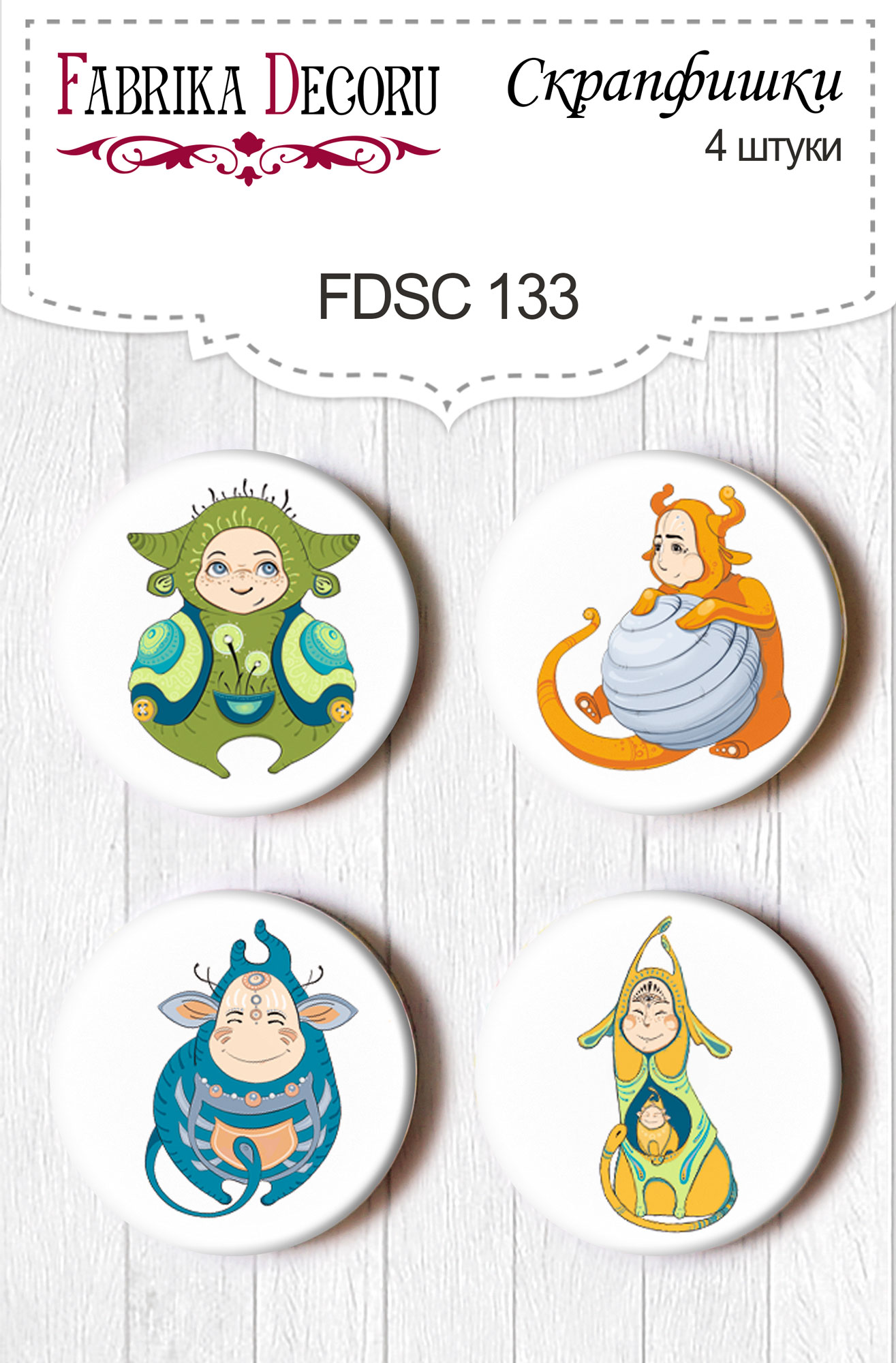 Set mit 4 Flair-Buttons zum Scrapbooking von „Aliens“ #133 - Fabrika Decoru