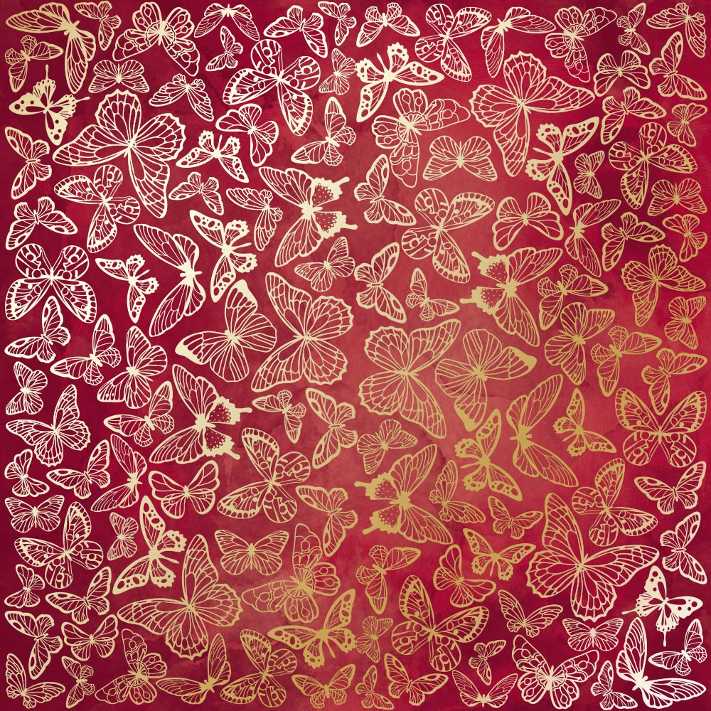 лист односторонней бумаги с фольгированием, дизайн golden butterflies, color burgundy aquarelle, 30,5см х 30,5см