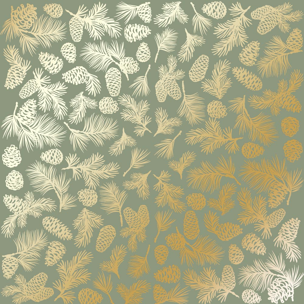 лист односторонней бумаги с фольгированием, дизайн golden pine cones olive, 30,5см х 30,5см