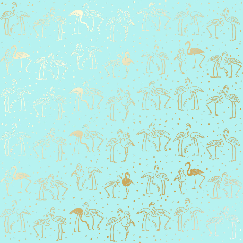 Blatt aus einseitigem Papier mit Goldfolienprägung, Muster Golden Flamingo Turquoise, 12"x12" - Fabrika Decoru