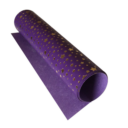 Piece of PU leather with gold stamping, pattern Golden Stars Violet, 50cm x 25cm