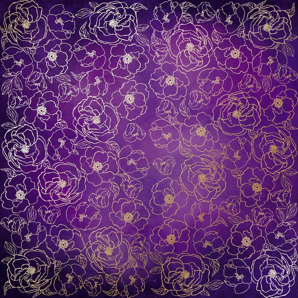 Sheet of single-sided paper with gold foil embossing, pattern Golden Pion, color Violet aquarelle, 12"x12"