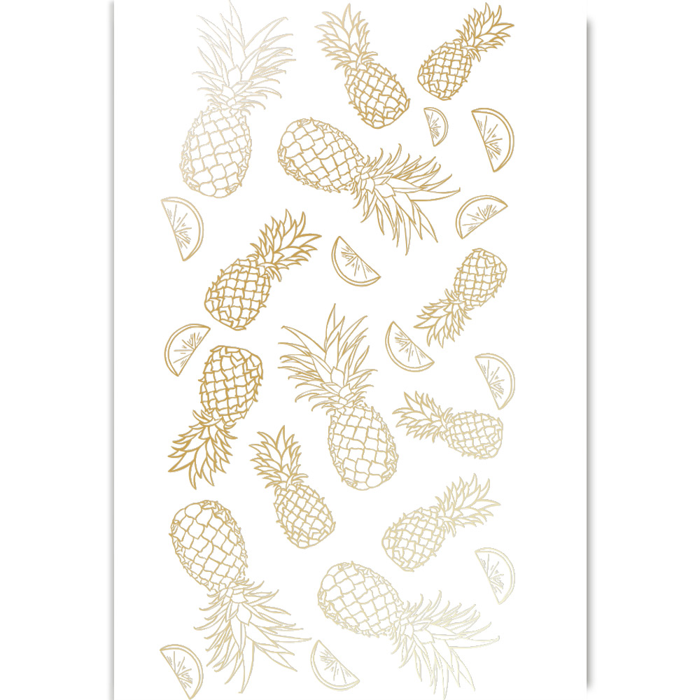 Einseitig bedrucktes Blatt Papier mit Goldfolienprägung, Muster Goldene Ananas, Weiß, A4, 8"x12" - Fabrika Decoru
