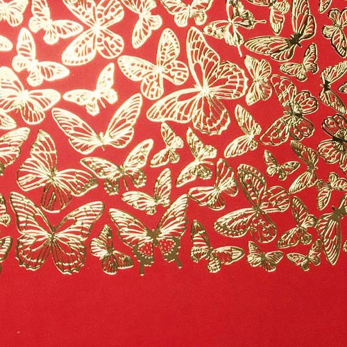 Piece of PU leather with gold stamping, pattern Golden Butterflies Red, 50cm x 25cm - foto 1