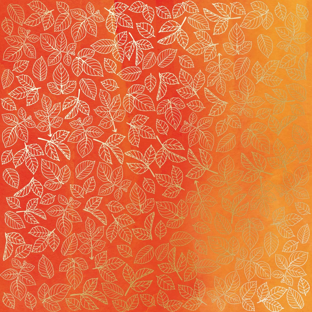 лист односторонней бумаги с фольгированием, дизайн golden rose leaves, yellow-orange aquarelle, 30,5см х 30,5см