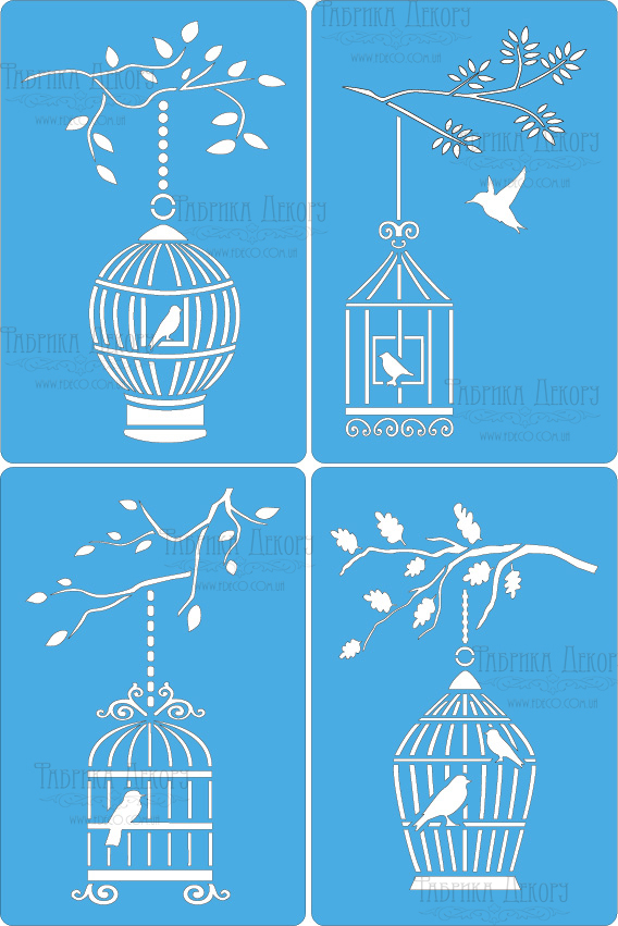 A set of mini stencils for crafts 4pcs 15x10cm "Birds in cages" #151