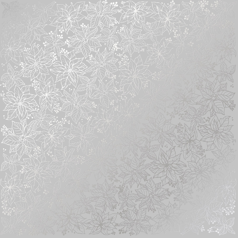 Sheet of single-sided paper embossed with silver foil, pattern Silver Poinsettia Gray 12"x12"
