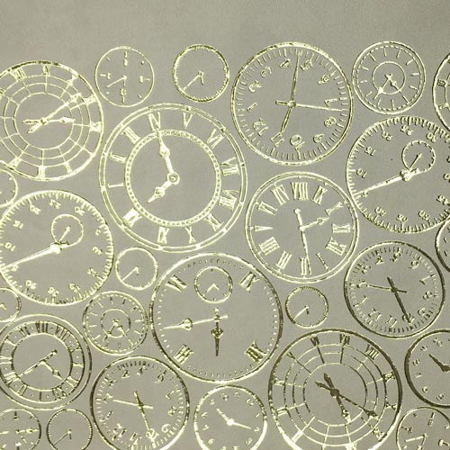 Відріз шкірзаму з тисненням золотою фольгою, дизайн Golden Clocks Beige, 50см х 25см - фото 1