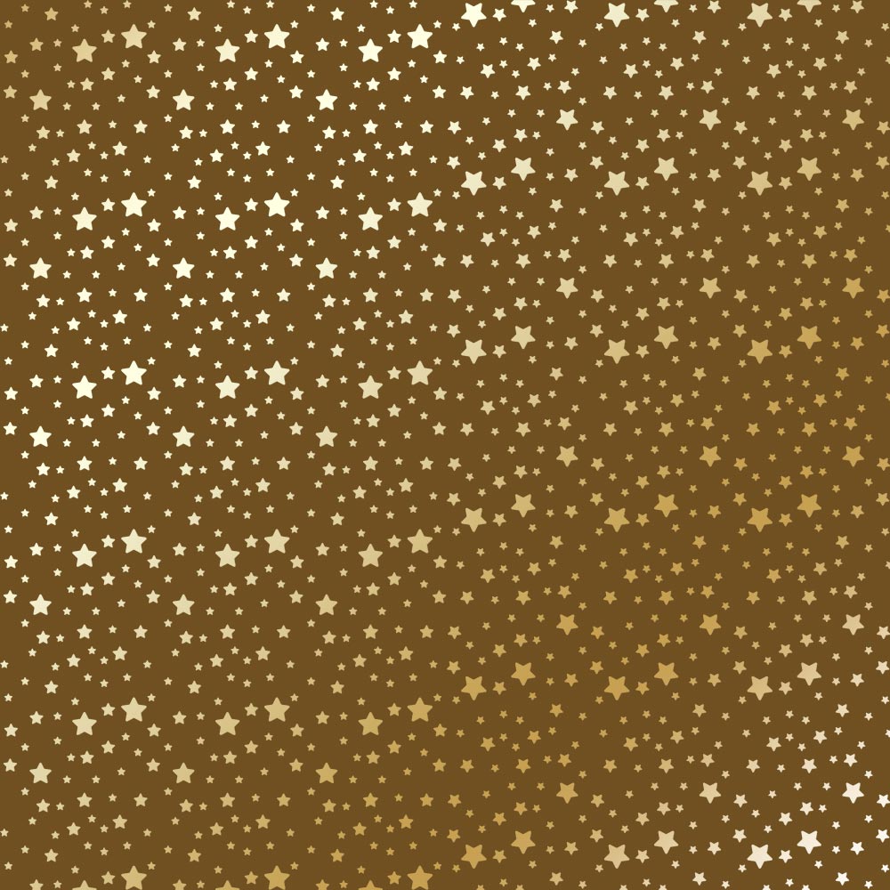 Sheet of single-sided paper with gold foil embossing, pattern Golden stars, color Milk chocolate, 12"x12"