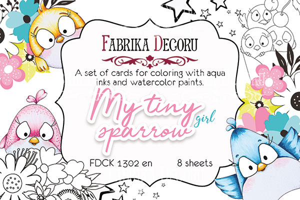 Zestaw pocztówek "My tiny sparrow girl" do kolorowania atramentem akwarelowym EN - Fabrika Decoru