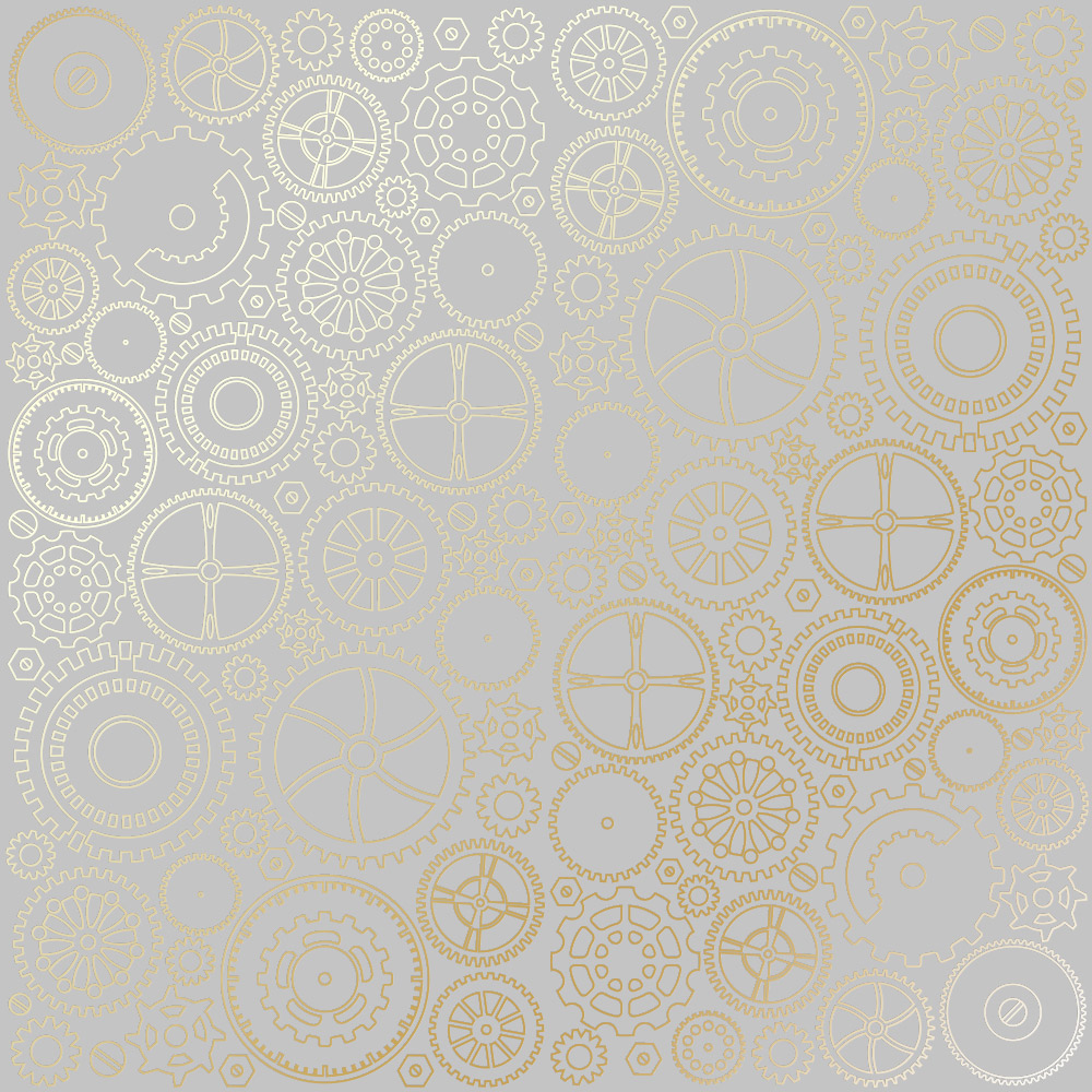 Sheet of single-sided paper with gold foil embossing, pattern Golden Gears Gray, 12"x12" 