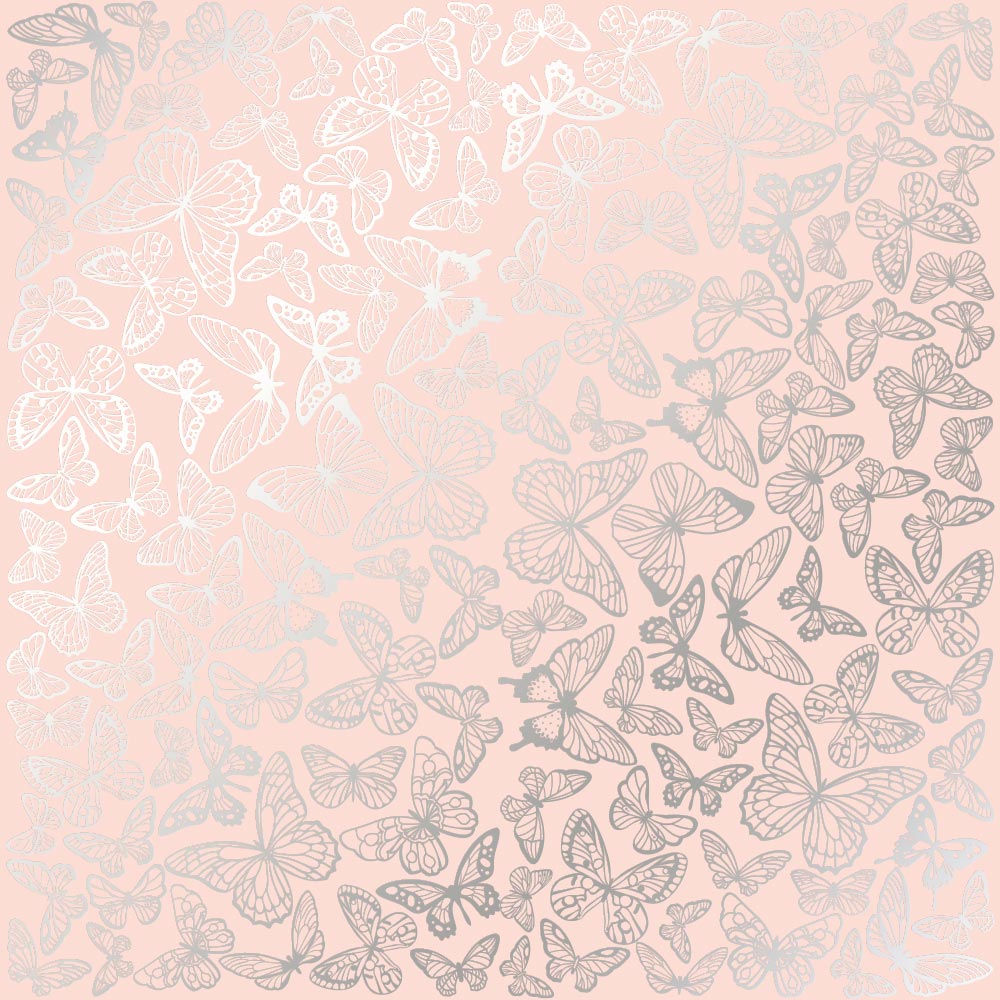Sheet of single-sided paper embossed with silver foil, pattern Silver Butterflies Peach 12"x12" 