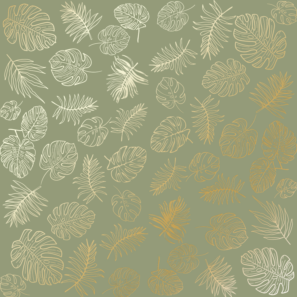Blatt aus einseitigem Papier mit Goldfolienprägung, Muster Golden Tropical Leaves Olive, 12"x12" - Fabrika Decoru