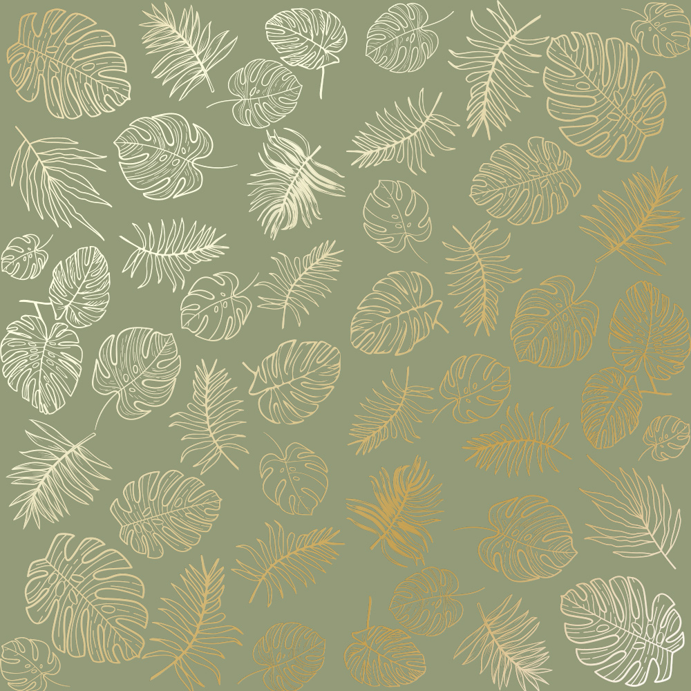 Sheet of single-sided paper with gold foil embossing, pattern Golden Tropical Leaves Olive, 12"x12"