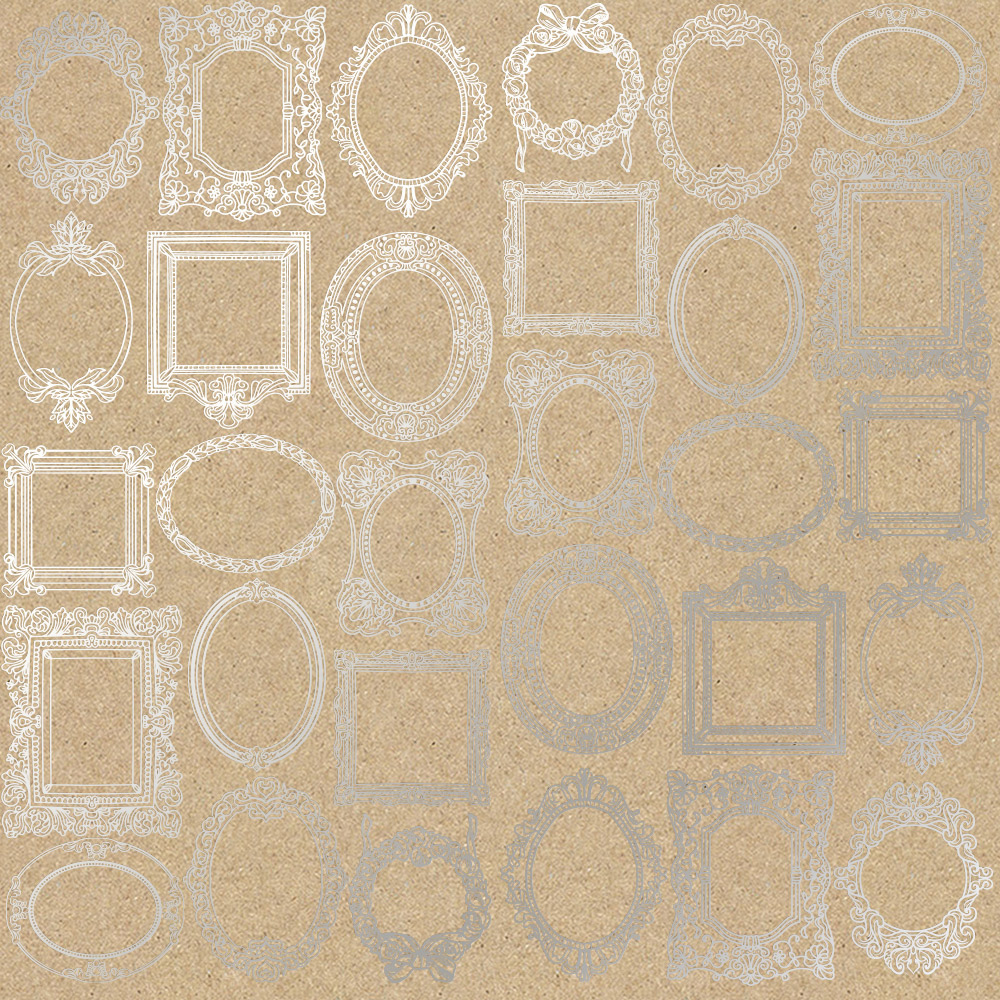 Sheet of single-sided paper embossed with silver foil, pattern Silver Frames Kraft 12"x12" 