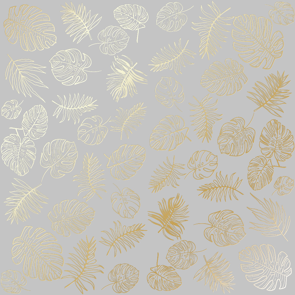 Sheet of single-sided paper with gold foil embossing, pattern Golden Tropical Leaves Gray, 12"x12"