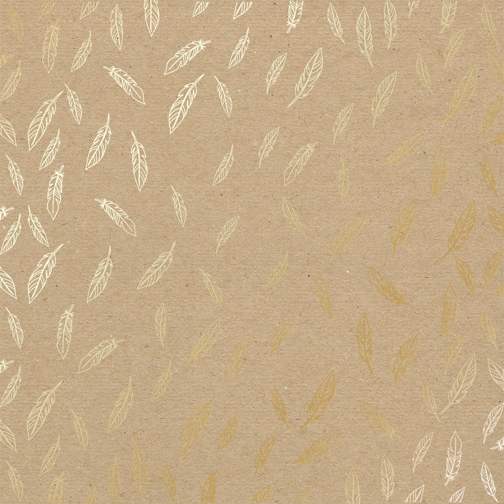 Sheet of single-sided paper with gold foil embossing, pattern Golden Feather Kraft, 12"x12"