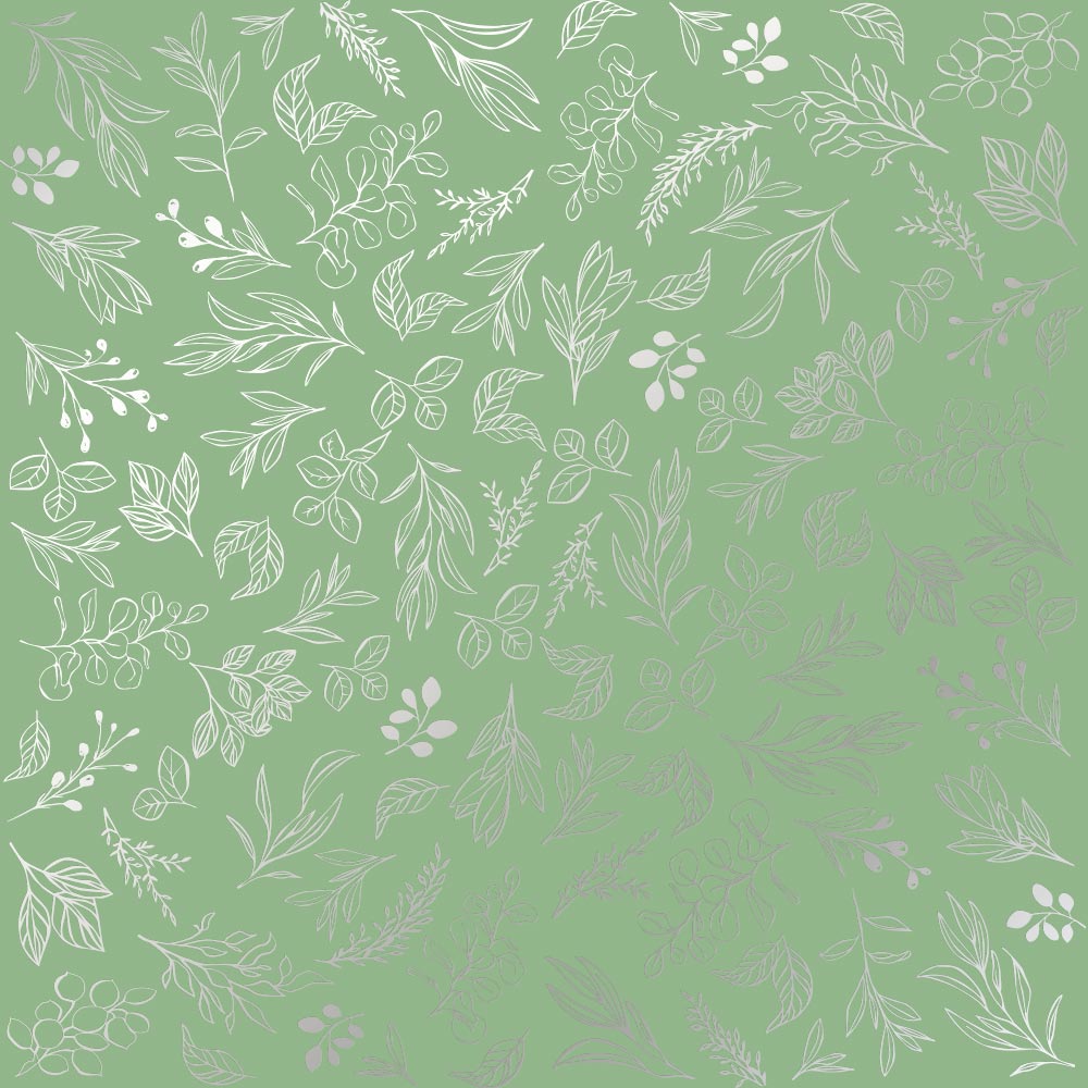 Sheet of single-sided paper embossed with silver foil, pattern Silver Branches, color Avocado 12"x12" 