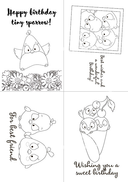 Set of 8pcs 10х15cm for coloring and creating greeting cards My tiny sparrow girl EN - foto 0