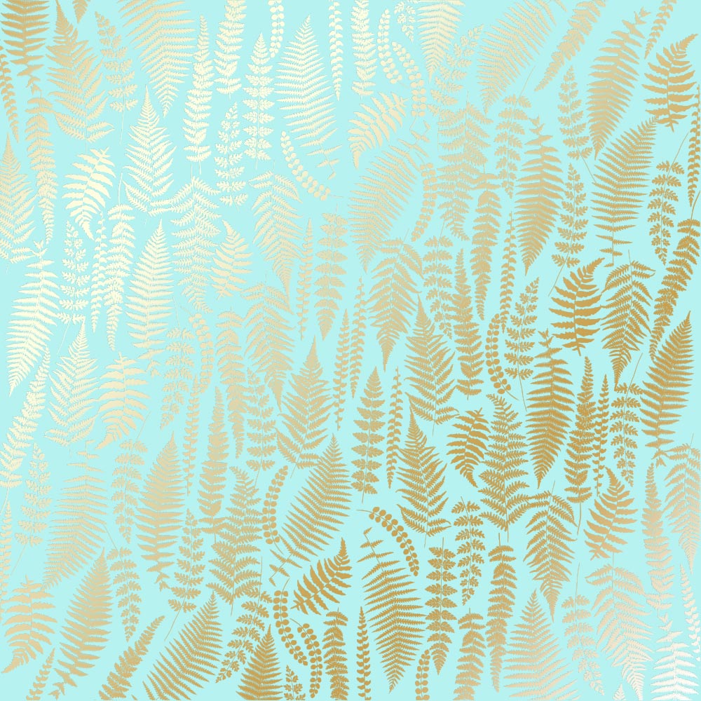 Sheet of single-sided paper with gold foil embossing, pattern Golden Fern, color Turquoisei